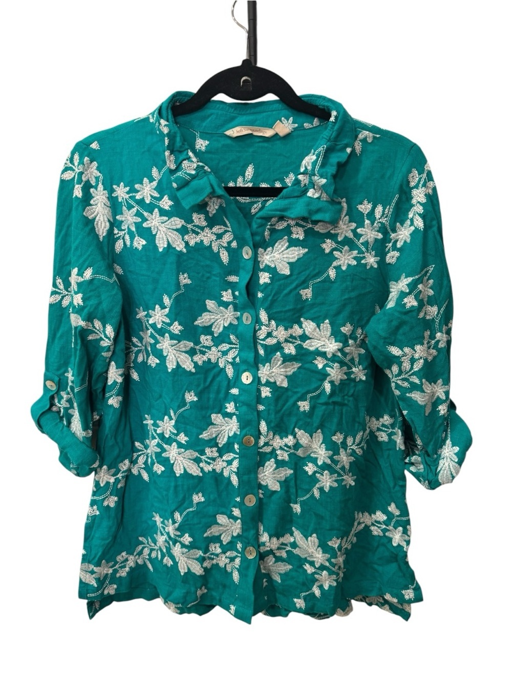Soft Surroundings "Isla Verde" Embroidered Button-Down Shirt women size M